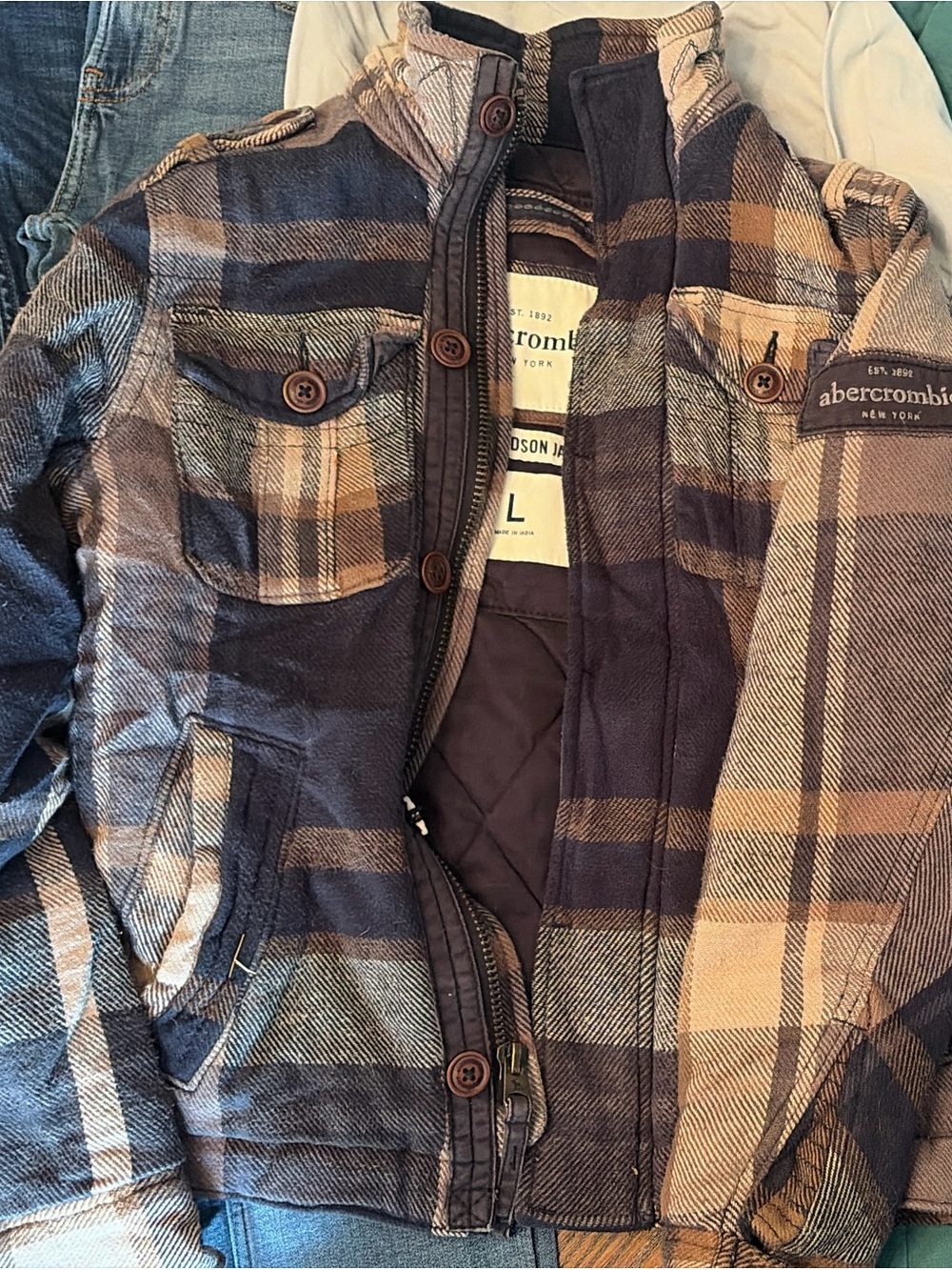 Abercrombie & Fitch Navy & Brown Plaid Quilted Jacket